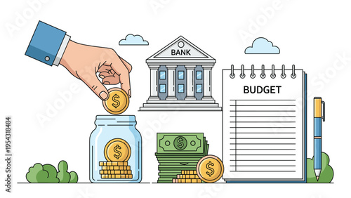 Financial planning and bank savings account concept showing hand depositing money next to a budget notebook.