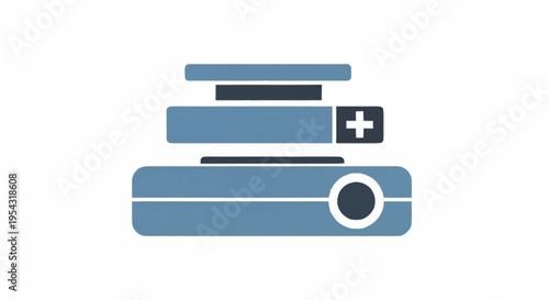 A stack of books with a plus symbol.