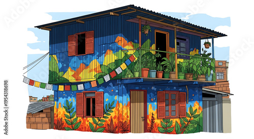 A vibrant, two-story house with a colorful mural and potted plants on the balcony, set against a blue sky with white clouds.