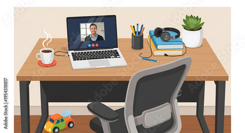 A businessman participates in a video conference at his desk with various office supplies and a cup of coffee