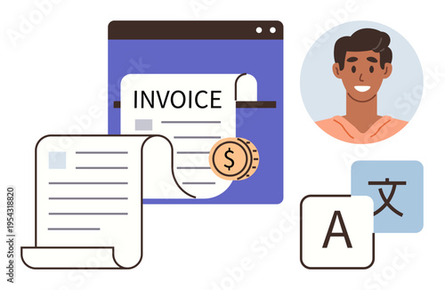Financial transactions, multilingual communication, business services, payment processing, global trade, customer support. A digital invoice, currency symbol languages and smiling person. Financial