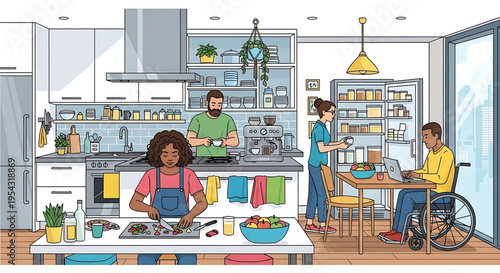 A diverse family of four people with different abilities enjoying a meal together in a modern kitchen