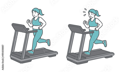 ぽっちゃり女性のトレッドミル比較イラスト（笑顔と汗だく・快適と疲労）