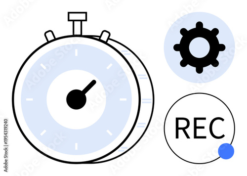 Time management concept. Stopwatch symbol alongside a gear and REC icon suggesting digital recording and efficiency. Time management crucial for productivity, planning, and digital recording