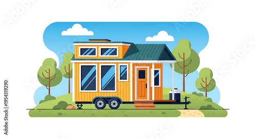 A colorful illustration of a tiny house on wheels in a natural setting