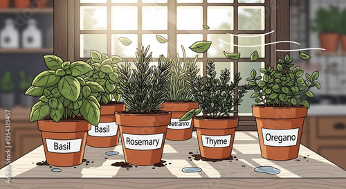 A colorful vector illustration of potted herbs on a kitchen table