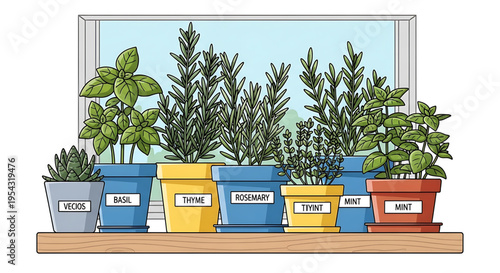 A colorful vector illustration of various herbs in labeled pots on a windowsill