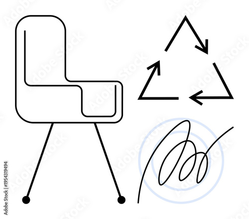 Eco-friendly living, circular economy, sustainable design, minimalism, waste reduction, modern lifestyle. Line-art chair, recycling symbol abstract signature. Sustainable design and eco-friendly
