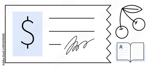 Banking, finance, money transactions, education, business, and investments. A check with a signature, cherries and an open notebook icon. Banking and finance concept with creative design elements