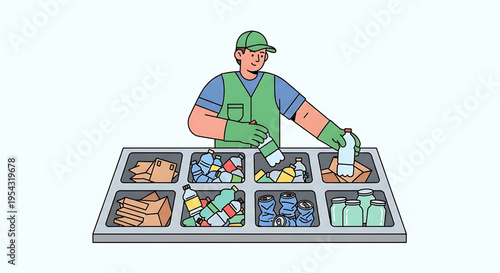 A recycling worker sorting various materials into separate compartments for efficient waste management and environmental conservation.