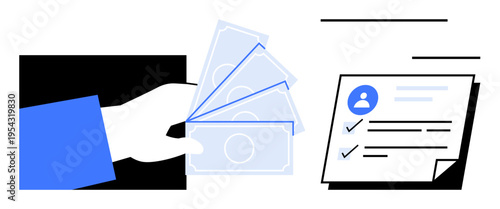 Hand holding money next to a checklist document symbolizing finance, agreements, transactions, payroll, application, verification, approval. Ideal for business, contracts simple flat metaphor