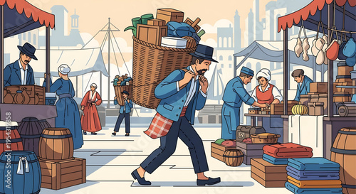 A bustling market scene with people shopping and selling goods from vendors and stalls.