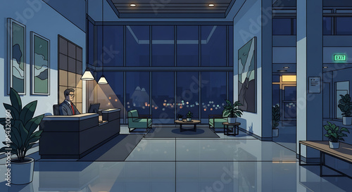 A businessman works late at night in a modern office lobby with a city view