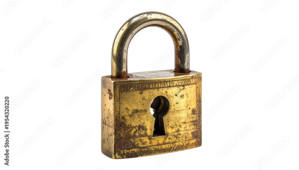 Fototapeta premium An antique brass padlock with intricate engravings stands against a black background.