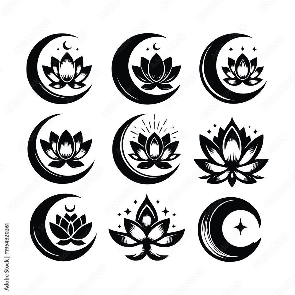 Obraz premium Lotus Flower with Crescent Moon Spiritual Symbol Collection