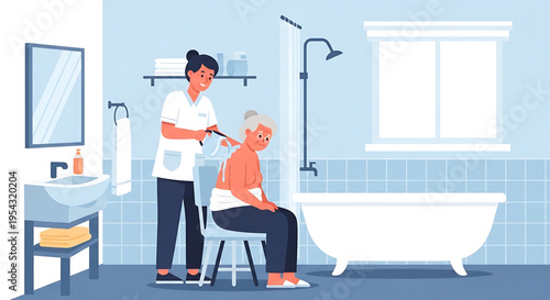 A caregiver assisting an elderly man with personal care in a modern bathroom
