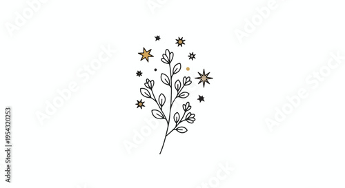 Hand Drawn Boho Floral Branch with Celestial Gold Stars Vector Illustration Isolated on White