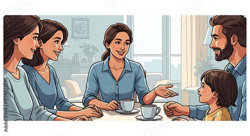 A diverse family and their therapist having a discussion in a cozy living room with a warm atmosphere