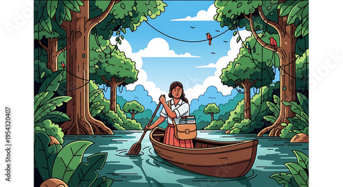 A woman paddles a wooden boat through a serene jungle river surrounded by lush greenery and towering trees under a bright blue sky with fluffy white clouds.
