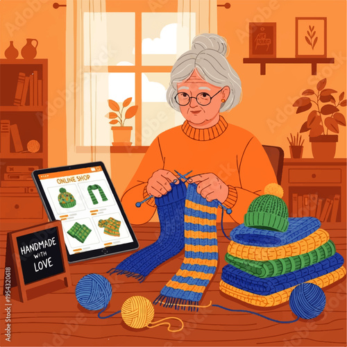 Grandmother knitting handmade wool sweaters and accessories for online shop