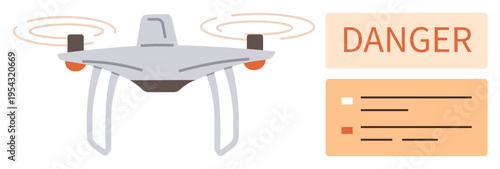 quadcopter regulations, aviation safety, hazard awareness, technology risk, warning systems, security protocols. A Quadcopter in flight with a nearby danger warning sign. Aviation safety and hazard