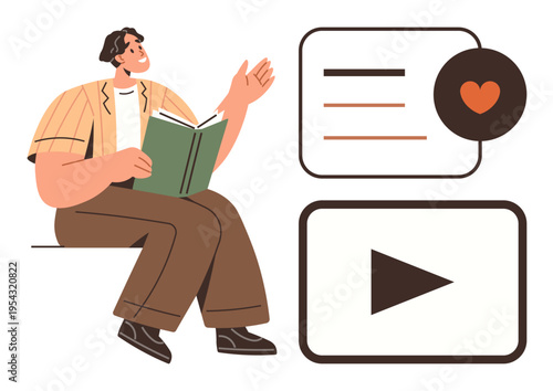 Education, content creation, storytelling, e-learning, multimedia, social media. Person reading a book with accompanying icons thumbs up play button and heart. Education and content creation theme