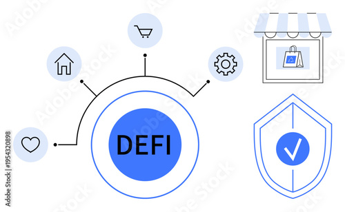 Finance technology, blockchain security, online shopping, decentralized systems, financial innovation, digital transactions. Circular DEFI icon with shopping, home, gear and heart symbols
