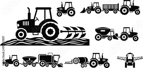 Collection of agricultural machinery silhouettes including tractors, trailers, plows and harvesters, black vector farm equipment icons isolated on white background for farming design