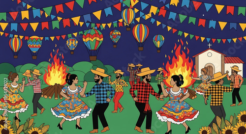 A vibrant illustration of people dancing around a campfire at a festive outdoor celebration with colorful hot air balloons and flags