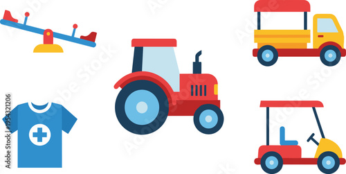 Colorful flat vector illustration of kids toys including tractor, truck, seesaw and medical shirt icon set isolated on light background