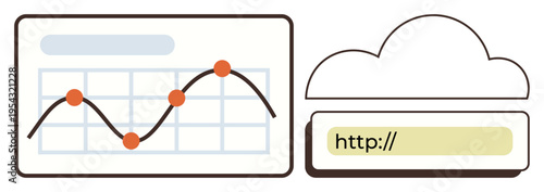 Data analysis, digital marketing, cloud storage, internet connectivity, website performance, online monitoring. Graph with data points and cloud icon with URL bar. Data analysis and cloud storage