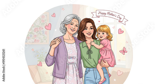 A heartwarming illustration of three generations of women celebrating Mother's Day together