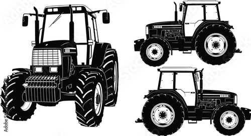 Detailed tractor silhouettes in multiple views, modern agricultural machinery black vector illustration isolated on white background for farming, transport and industrial design projects