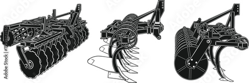 Set of agricultural tillage equipment including disc harrow, cultivator and roller, detailed black line vector farm machinery isolated on white background for farming design
