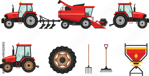 Set of agricultural machinery including tractors, combine harvester, farming tools, and equipment icons in flat design style isolated on white background for agribusiness use
