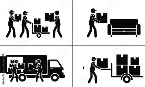 Logistics and moving service icons set with delivery workers loading boxes into truck, furniture transport silhouettes, courier shipping, warehouse operations