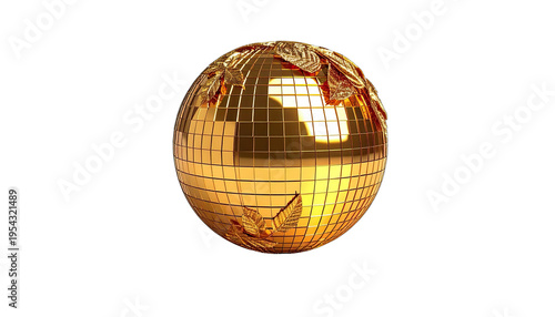 A golden sphere with leaf embellishments floats against a black background.
