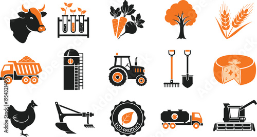 Set of agriculture and farming icons including livestock, crops, machinery and eco production symbols, modern flat vector illustration isolated on white background for agribusiness design