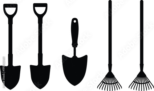 Set of garden tools silhouettes including shovel, spade, hand trowel and rake, black vector illustration isolated on white background for gardening design