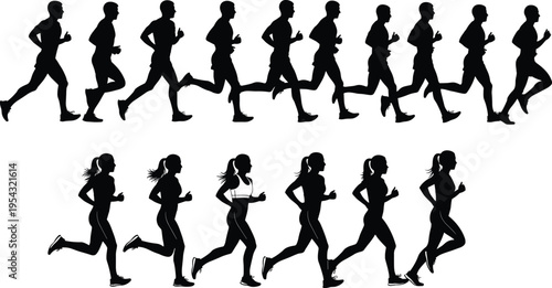 Man and Woman Running Silhouette Sequence, Jogging Motion Cycle Vector Set, Fitness Exercise Athlete Sprinter Poses, Sports Action Movement Graphics