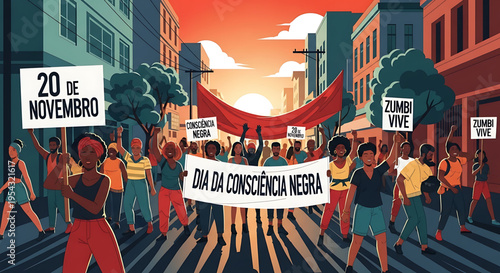A vibrant illustration of a diverse group of people marching in a city street, celebrating Black Consciousness Day with signs and banners.