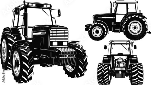 Set of detailed tractor silhouettes from multiple angles, modern agricultural machinery black vector illustration isolated on white background for farming and industrial design use