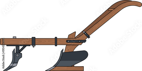 Traditional wooden double plow with metal blades for soil cultivation, vintage agricultural hand tool vector illustration isolated on white background for farming design