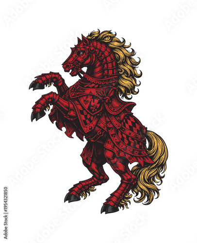 Majestic Red Horse Rearing Up in Detailed Armor.