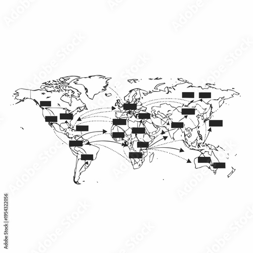 Outline of the world map showing various interconnected global trade routes with labeled rectangular placeholders for locations.