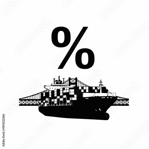 Large container ship overlaid with a percentage symbol suggests analysis of shipping costs or fluctuating freight rates in global trade.