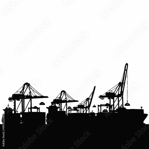 Silhouette of massive container ships being loaded by several gantry cranes at a busy seaport terminal.