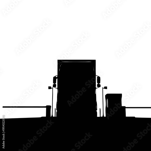 Large semi-trailer truck seen from the front silhouette backing into a loading dock entrance against a bright white background.