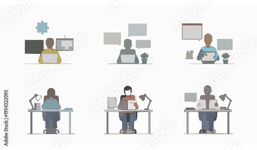 Modern workplace professionals vector set with programmer designer and office worker using digital technology flat style