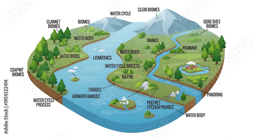 A colorful vector graphic illustration of various biomes and water cycle processes in a natural ecosystem